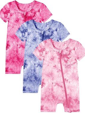 Adorable Baby Bamboo Viscose Tie Dye Rompers Set - 3pc Unisex PJs for Kids
